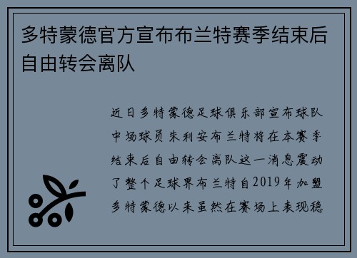 多特蒙德官方宣布布兰特赛季结束后自由转会离队 多特蒙德官方宣布布兰特赛季结束后自由转会离队